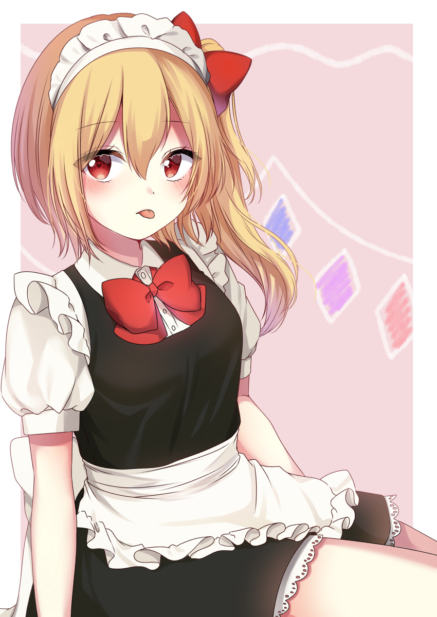1girl absurdres alternate_costume apron bangs black_dress blonde_hair border bow bowtie crystal dress eyebrows_visible_through_hair flandre_scarlet hair_between_eyes highres looking_at_viewer maid maid_headdress medium_hair pink_background puffy_sleeves red_bow red_eyes red_neckwear shiki_(s1k1xxx) side_ponytail simple_background sitting solo tongue tongue_out touhou waist_apron white_border wings
