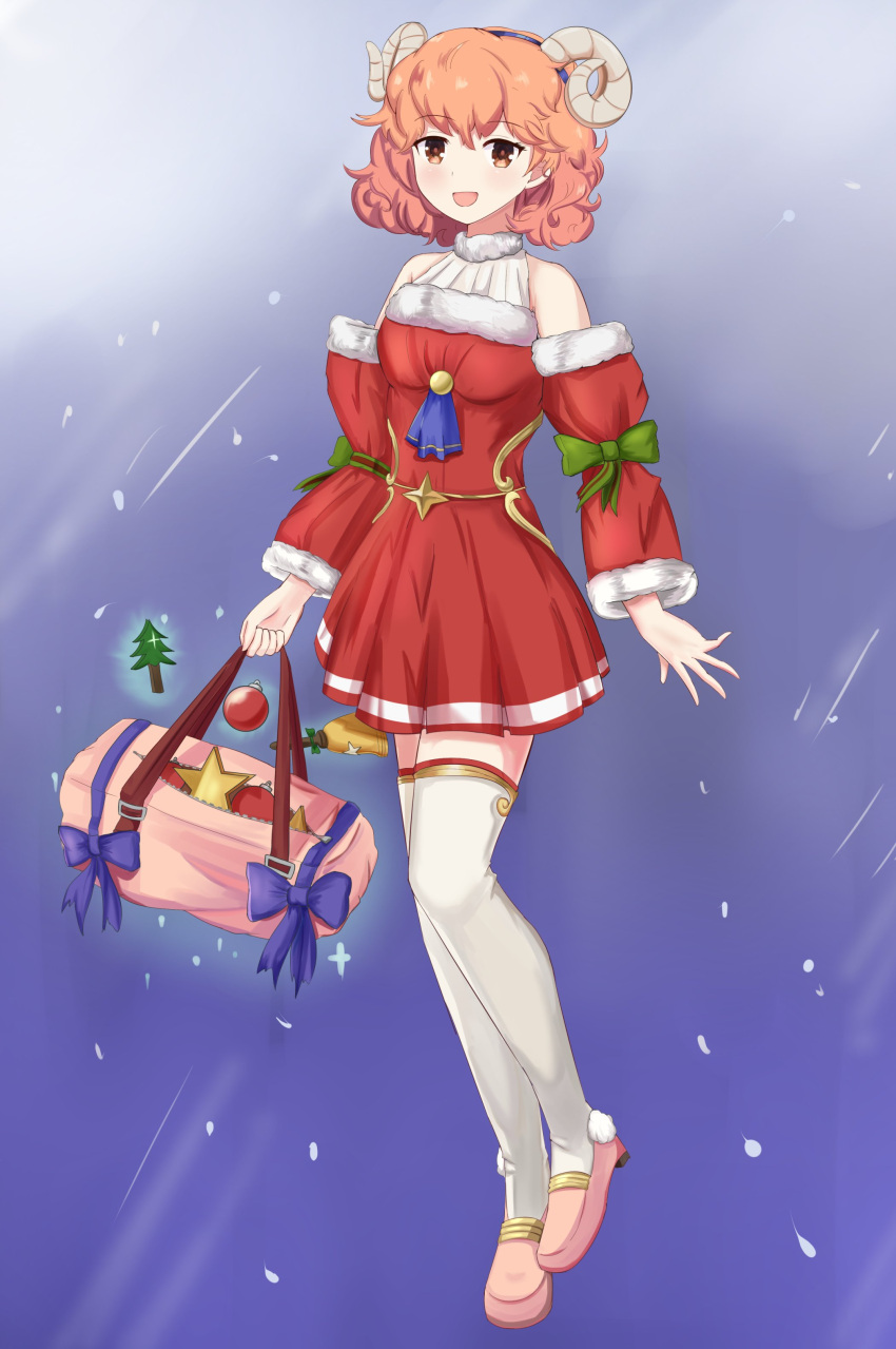 1girl absurdres alternate_costume bare_shoulders breasts christmas christmas_ornaments christmas_sweater fire_emblem fire_emblem_echoes:_shadows_of_valentia fire_emblem_heroes full_body genny_(fire_emblem) highres horns looking_at_viewer pink_footwear pink_hair ribbon simple_background small_breasts standing zipperqr