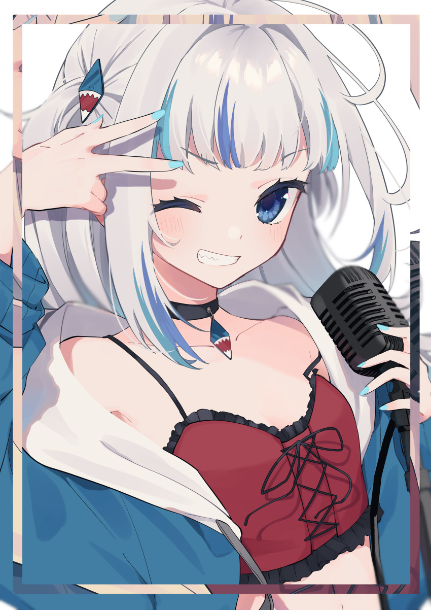 1girl absurdres alternate_costume blue_eyes blue_hair blue_nails character_name choker commentary gawr_gura grin highres hinakano_h hololive hololive_english looking_at_viewer microphone multicolored_hair one_eye_closed open_mouth romaji_text sharp_teeth silver_hair smile solo streaked_hair teeth two-tone_hair two_side_up v virtual_youtuber