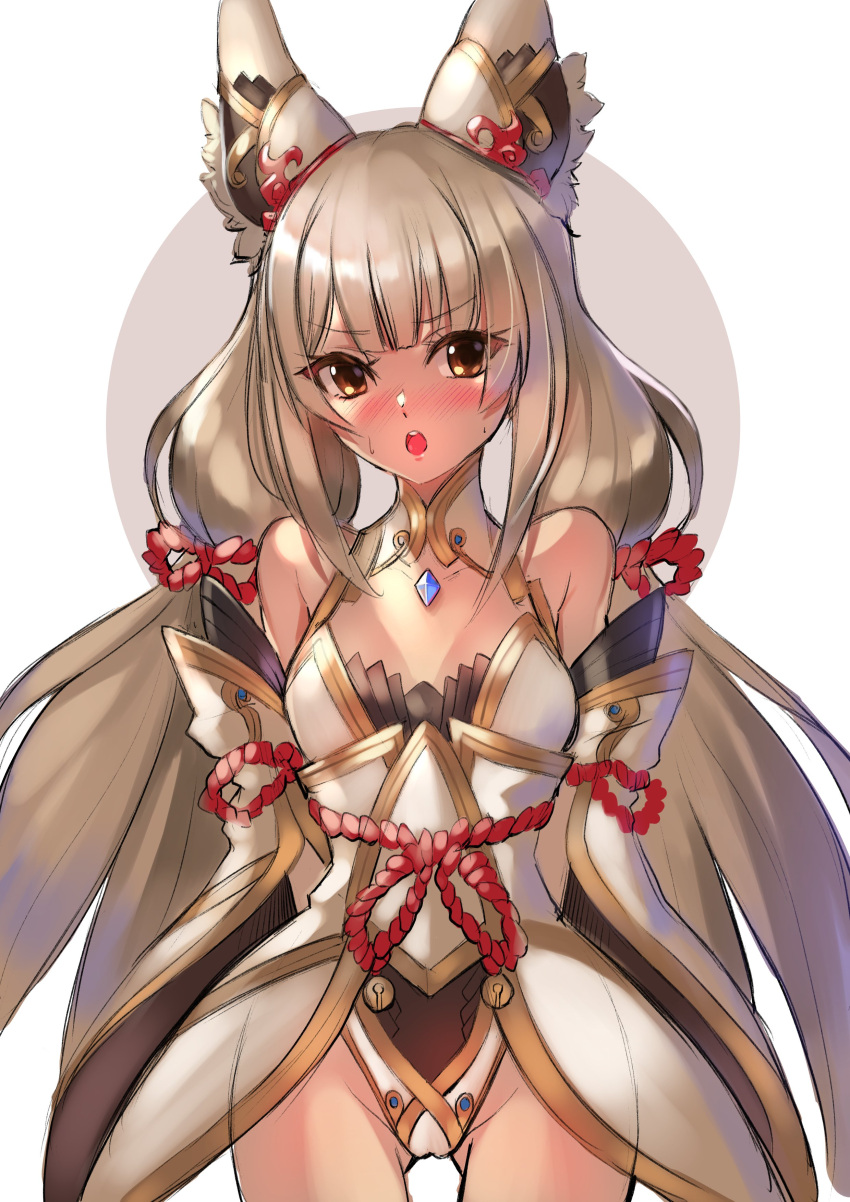 1girl :o absurdres animal_ears arms_behind_back ass_visible_through_thighs bare_shoulders blush breasts cawang chest_jewel cowboy_shot detached_sleeves eyebrows_visible_through_hair eyes_visible_through_hair highleg highleg_leotard highres leotard long_hair low_twintails nia_(blade)_(xenoblade) nia_(xenoblade) silver_hair simple_background small_breasts solo twintails very_long_hair white_background xenoblade_chronicles_(series) xenoblade_chronicles_2 yellow_eyes