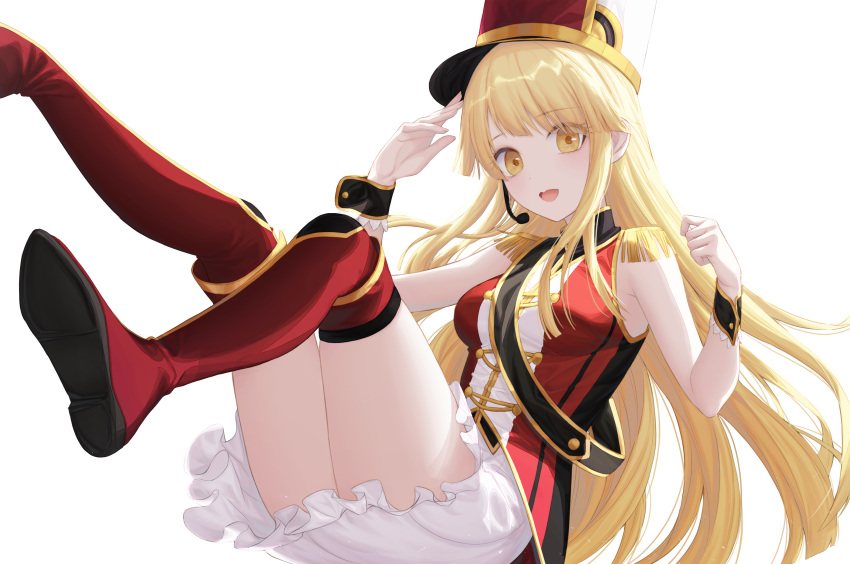 1girl :d absurdres bang_dream! bangs blonde_hair blush boots breasts epaulettes foot_out_of_frame frilled_skirt frills hat highres long_hair looking_at_viewer medium_breasts microphone midair miniskirt open_mouth ppiya red_footwear salute sash shako_cap sidelocks simple_background skirt sleeveless smile solo swept_bangs thigh-highs thigh_boots tsurumaki_kokoro very_long_hair white_background white_skirt wrist_cuffs yellow_eyes