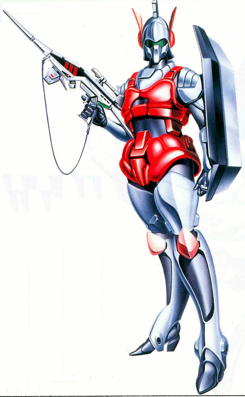 1980s_(style) 1girl atac beam_rifle body_armor boots choujikuu_kidan_southern_cross energy_gun form_fitting gloves helmet highres jeanne_francaix kitazume_hiroyuki looking_at_viewer mask mecha official_art pilot_suit power_suit radio_antenna realistic retro_artstyle science_fiction scope shield simple_background soldier solo spacesuit strap visor weapon
