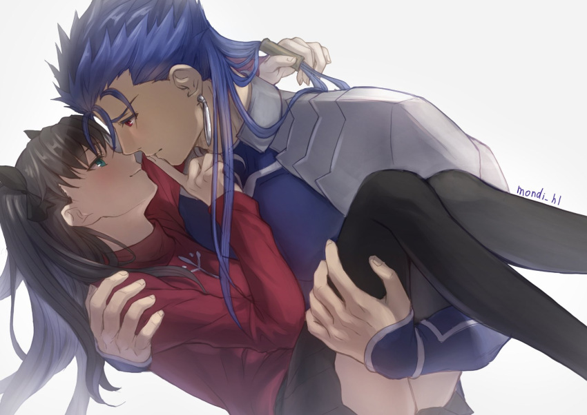 1boy 1girl armor artist_name ass black_hair black_legwear black_ribbon blue_hair carrying cu_chulainn_(fate)_(all) earrings eye_contact fate/stay_night fate_(series) finger_to_mouth grey_background hair_ribbon hand_on_another's_shoulder hetero highres imminent_kiss jewelry lancer long_hair long_sleeves looking_at_another mondi_hl princess_carry red_eyes red_shirt ribbon shirt shoulder_armor simple_background smile thigh-highs tohsaka_rin two_side_up