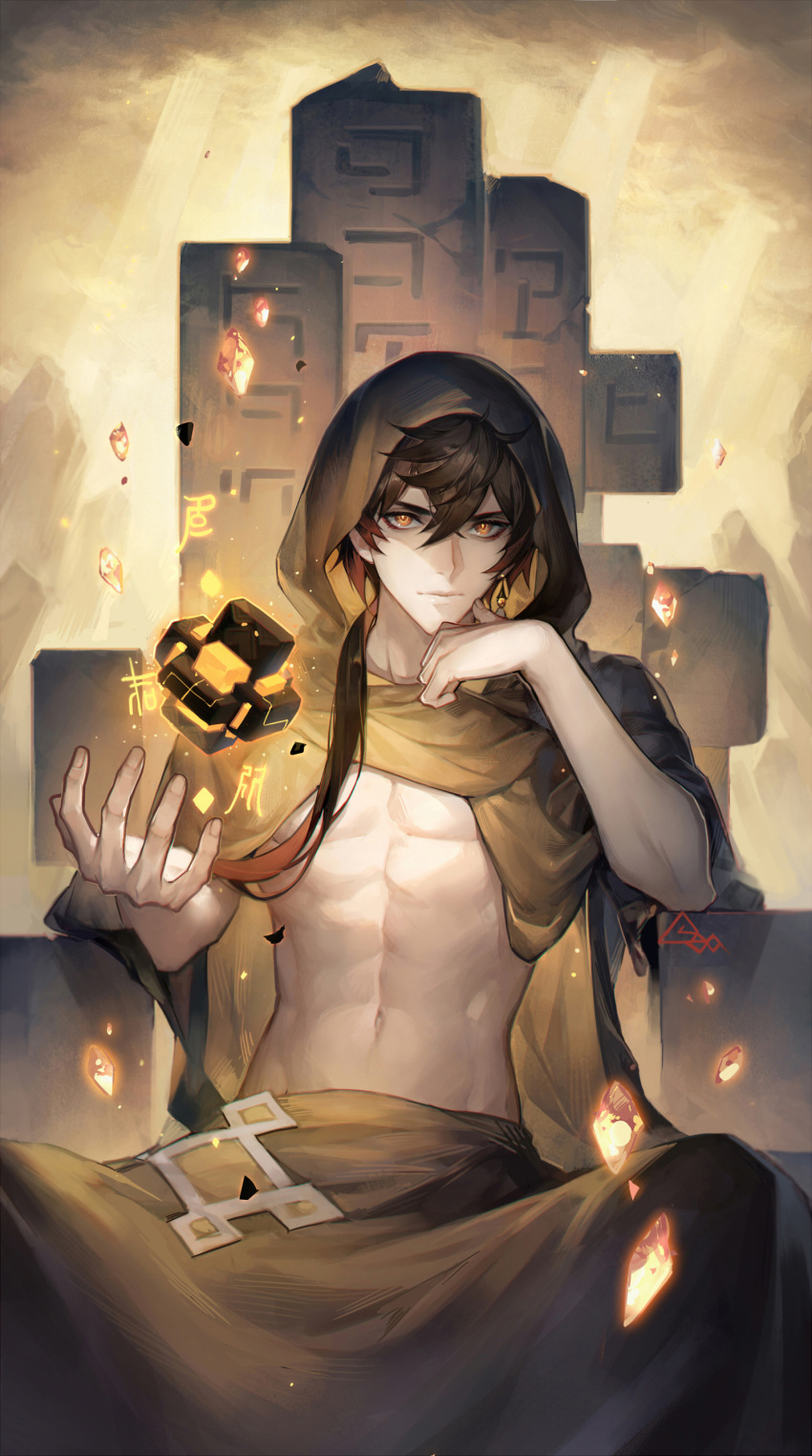 1boy abs absurdres bangs bare_arms black_hair brown_eyes brown_hair brown_skirt closed_mouth collarbone commentary_request genshin_impact hair_between_eyes hand_on_own_chin hand_up highres hood hood_up jewelry long_hair looking_at_viewer male_focus navel sitting skirt smile solo spade-m stomach zhongli_(genshin_impact)