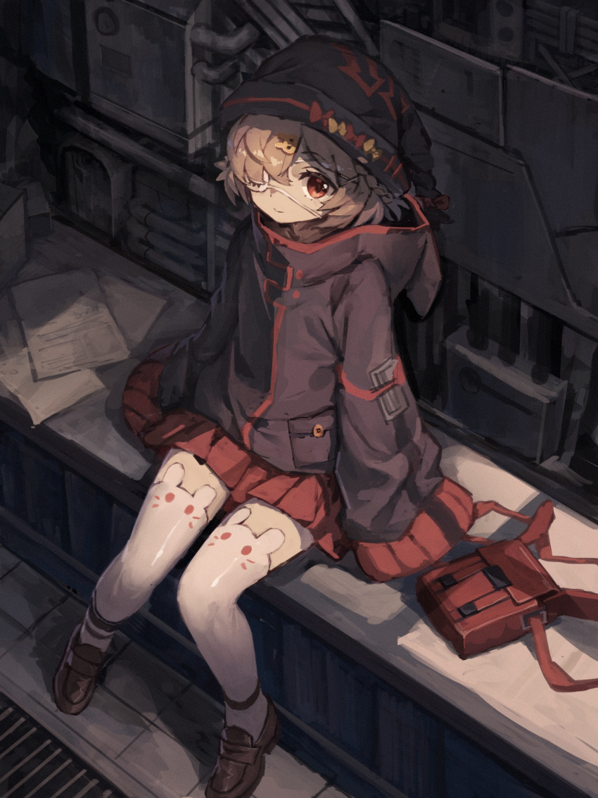 1girl arknights bag bag_removed bandages bangs blonde_hair bunny_hair_ornament eyepatch from_above hair_ornament hair_over_one_eye hat highres hood hood_down jacket loafers long_sleeves looking_at_viewer popukar_(arknights) pouch red_eyes red_pouch red_skirt shoes short_hair sitting skirt sleeves_past_wrists smile solo thigh-highs white_legwear yanyan_(shinken_gomi)