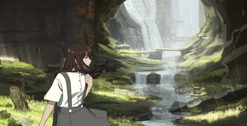 1girl animal bird black_skirt brown_eyes brown_hair case closed_mouth dappled_sunlight deer flying grass highres instrument_case long_hair looking_back original rust scenery skirt standing sunlight water waterfall yyydddd0