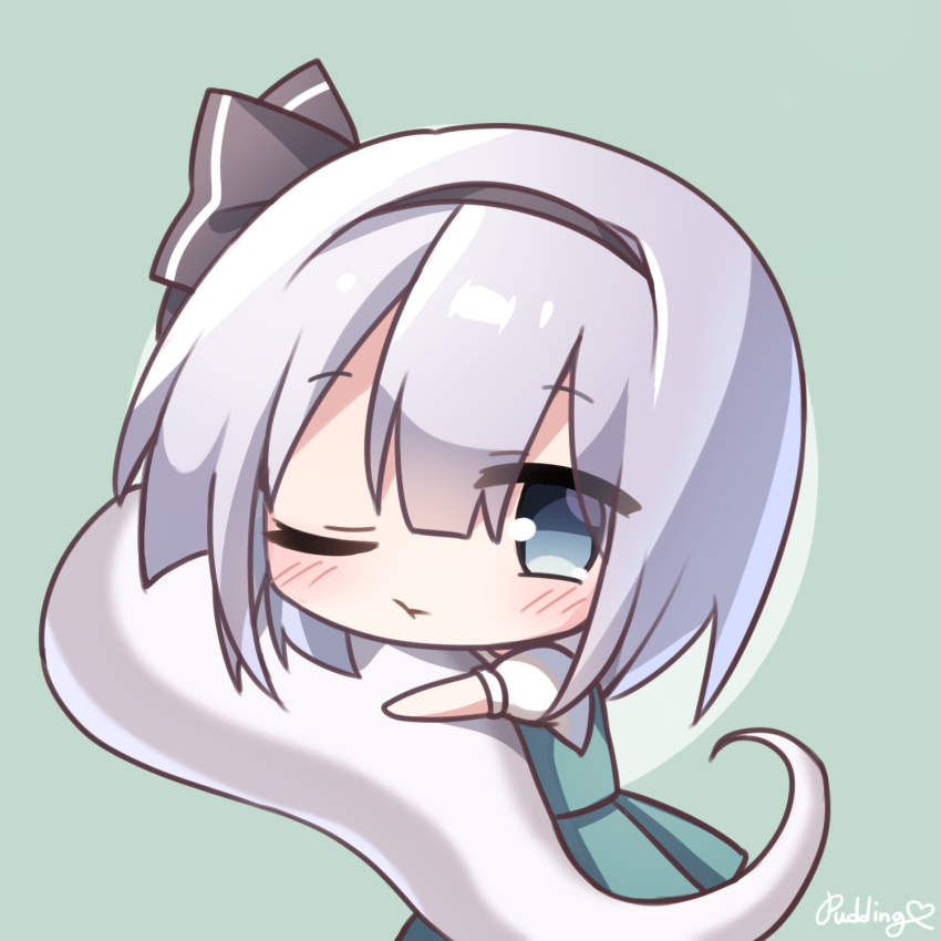 1girl artist_name bangs black_hairband blush chibi closed_mouth eyebrows_visible_through_hair ghost green_background green_eyes green_skirt green_vest hairband highres hitodama hug konpaku_youmu konpaku_youmu_(ghost) looking_at_viewer medium_hair one_eye_closed pudding_(skymint_028) puffy_sleeves shirt signature silver_hair simple_background skirt solo touhou vest white_shirt