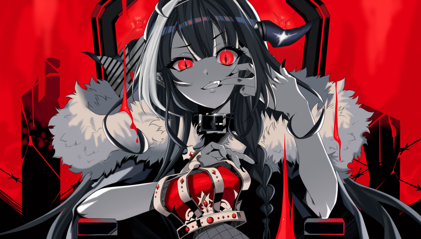 1girl absurdres alternate_costume barbed_wire black_nails blood blood_drip braid cape choker claws coat crack crossed_legs crown crown_removed dragon_horns elbow_rest fangs fishnet_legwear fishnets fur-trimmed_coat fur_trim highres horns kamiesisyanon king_(vocaloid) kiryuu_coco long_hair looking_at_viewer monochrome multicolored_hair picking_teeth red_background red_eyes sitting slit_pupils solo spot_color streaked_hair throne tsurime very_long_hair