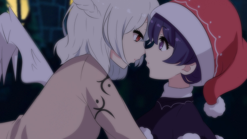 2girls :o beige_jacket blue_shirt blurry blurry_background braid doremy_sweet eyebrows_visible_through_hair eyelashes french_braid from_side hat highres imminent_kiss kishin_sagume looking_at_another medium_hair multiple_girls nightcap pom_pom_(clothes) profile red_eyes red_headwear shirt silver_hair single_wing touhou upper_body violet_eyes wings yukome yuri
