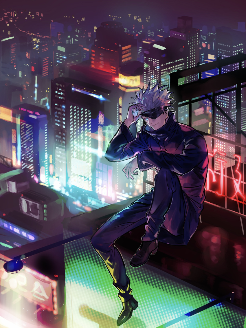 1boy arm_on_knee bikkusama black_footwear black_jacket black_pants blindfold blindfold_lift blue_eyes building city cityscape closed_mouth gojou_satoru hand_up highres jacket jujutsu_kaisen knee_up long_sleeves looking_at_viewer male_focus neon_lights night outdoors pants rooftop shoes short_hair sitting smile solo white_hair