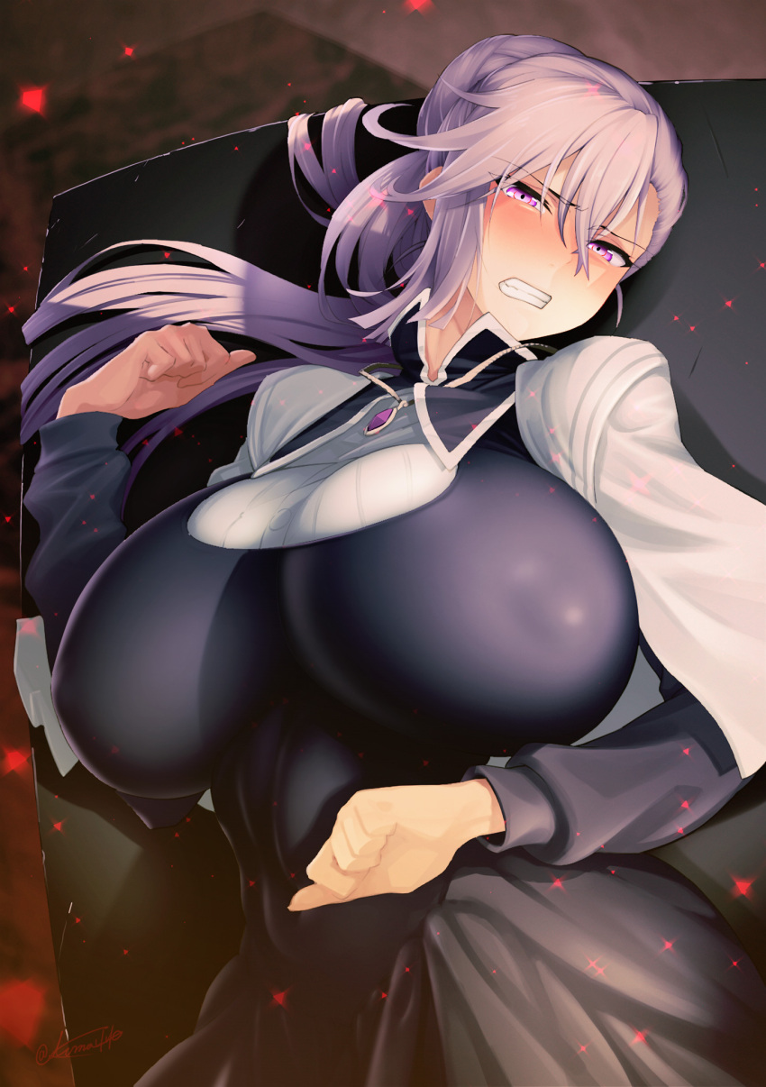 1girl bangs blush breasts clenched_hands clenched_teeth collared_shirt commentary_request couch covered_nipples emilia_ludowell from_above hair_between_eyes hair_bun high_ponytail highres huge_breasts jewelry koma440 long_hair lying maou_gakuin_no_futekigousha necklace on_back pink_eyes purple_hair shirt single_sidelock skirt teacher teeth