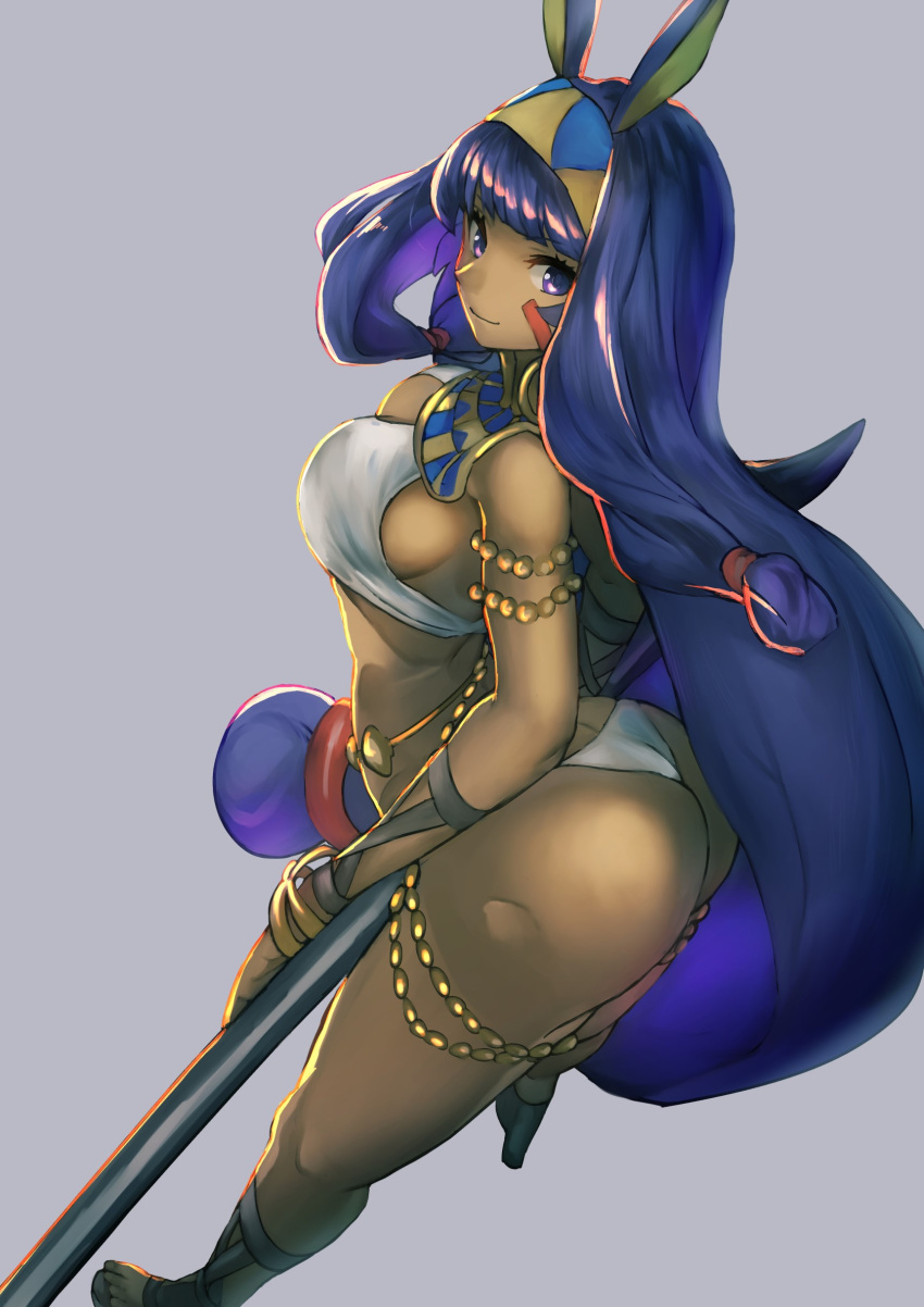 1girl absurdres animal_ears ass breasts closed_mouth dark_skin dark-skinned_female earrings facial_mark fate/grand_order fate_(series) highres hoop_earrings hotate-chan jewelry long_hair looking_at_viewer nitocris_(fate/grand_order) purple_hair simple_background smile solo very_long_hair violet_eyes