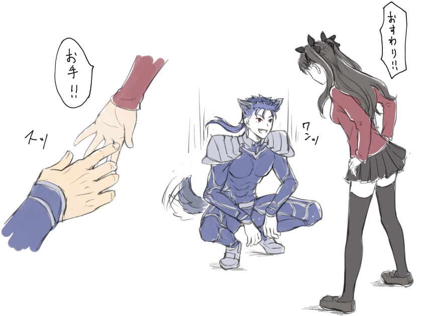 1boy 1girl animal_ears armor black_legwear black_ribbon black_skirt blue_bodysuit bodysuit brown_footwear brown_hair commentary_request cu_chulainn_(fate)_(all) dog_ears dog_tail fate/stay_night fate_(series) from_side hair_ribbon hands hands_on_hips kemonomimi_mode lancer leaning_forward long_hair looking_at_another mondi_hl multiple_views pleated_skirt ribbon shoes shoulder_armor simple_background skirt speech_bubble squatting standing tail thigh-highs tohsaka_rin translation_request white_background zettai_ryouiki