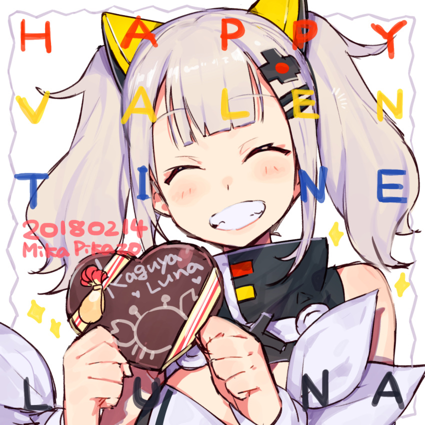 1girl :d artist_name bare_shoulders character_name cleavage_cutout closed_eyes clothing_cutout d-pad d-pad_hair_ornament dated english_text grey_hair hair_ornament hairclip hands_up happy_valentine highres kaguya_luna mika_pikazo open_mouth simple_background smile solo the_moon_studio twintails upper_body valentine wristband