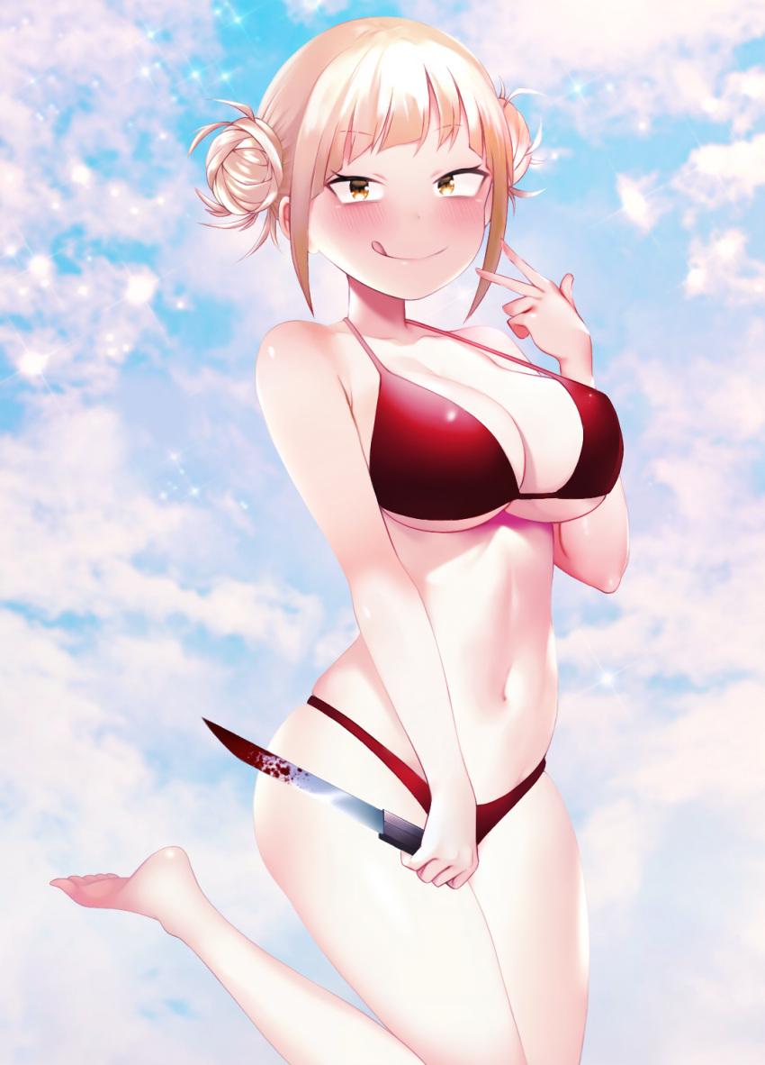 1girl bikini blonde_hair blood bloody_weapon blush boku_no_hero_academia breasts double_bun eyebrows_visible_through_hair highres holding holding_knife knife large_breasts licking_lips looking_at_viewer red_bikini solo swimsuit tagme toga_himiko tongue tongue_out weapon yellow_eyes