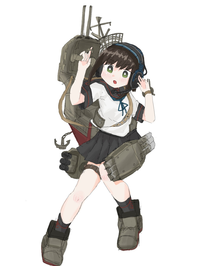 1girl adapted_turret black_hair black_sailor_collar black_skirt cannon commentary_request fubuki_(kantai_collection) full_body green_eyes headset highres kantai_collection low_ponytail machinery microphone pleated_skirt ponytail remodel_(kantai_collection) sailor_collar school_uniform serafuku short_ponytail sidelocks simple_background skirt solo standing torpedo_launcher turret wateru white_background