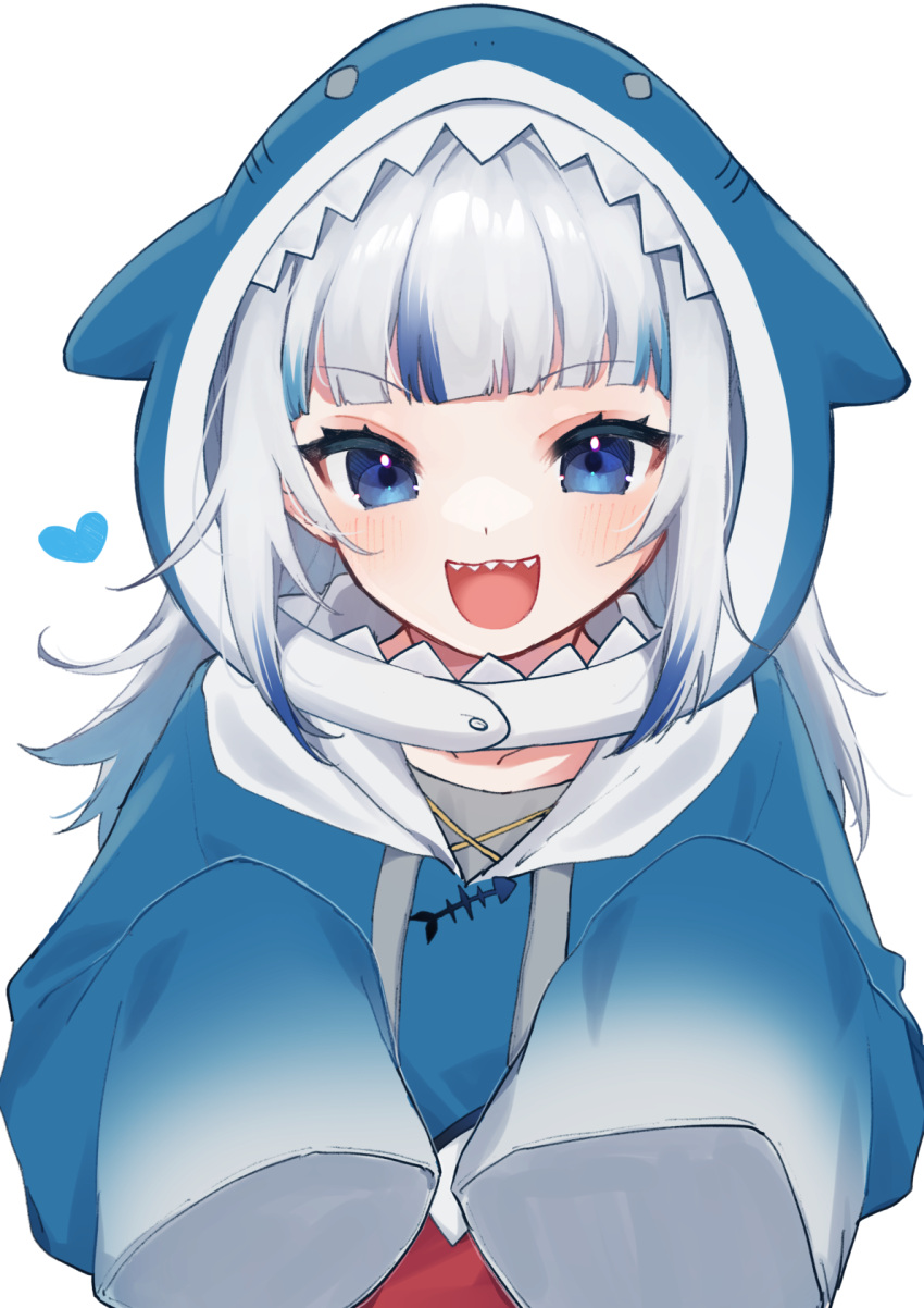 1girl :d animal_hood bangs blue_eyes blue_hoodie fish_skeleton gawr_gura highres hinakano_h hololive hololive_english hood hoodie long_hair multicolored_hair open_mouth oversized_clothes shark_hood sharp_teeth simple_background sleeves_past_fingers sleeves_past_wrists smile solo streaked_hair teeth upper_body virtual_youtuber white_background white_hair
