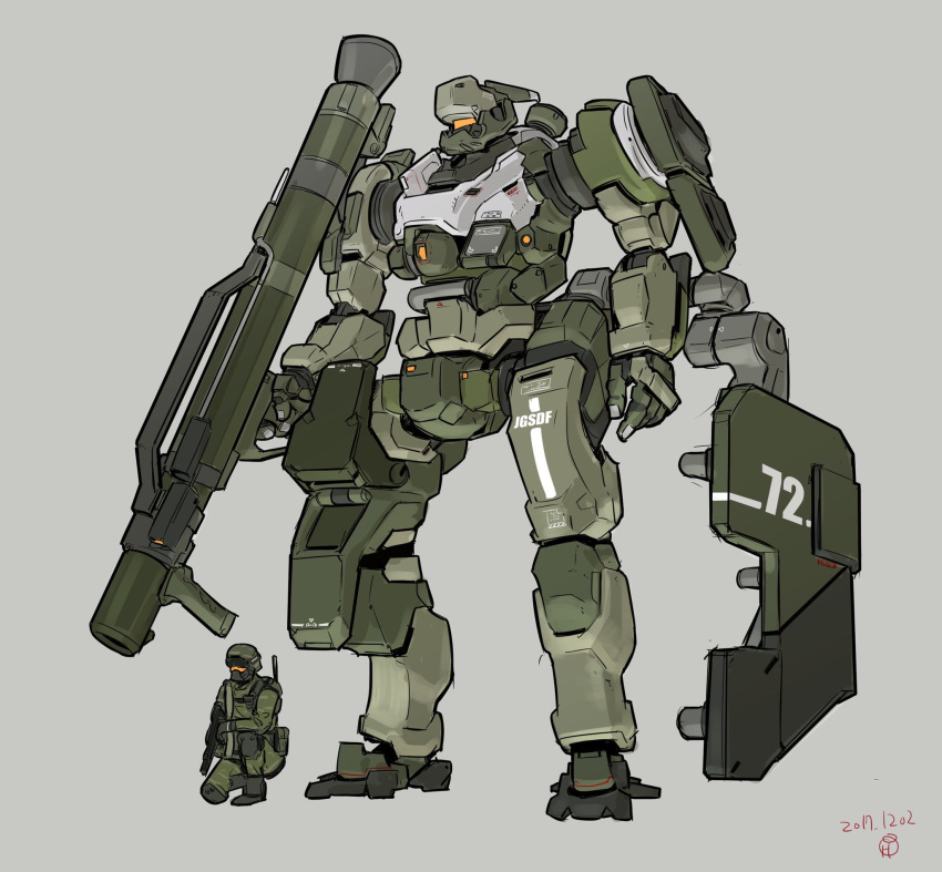 1boy dated grey_background gun helmet highres holding holding_gun holding_weapon kneeling mecha military moi_moi7 one_knee open_hand original science_fiction shield size_difference visor weapon