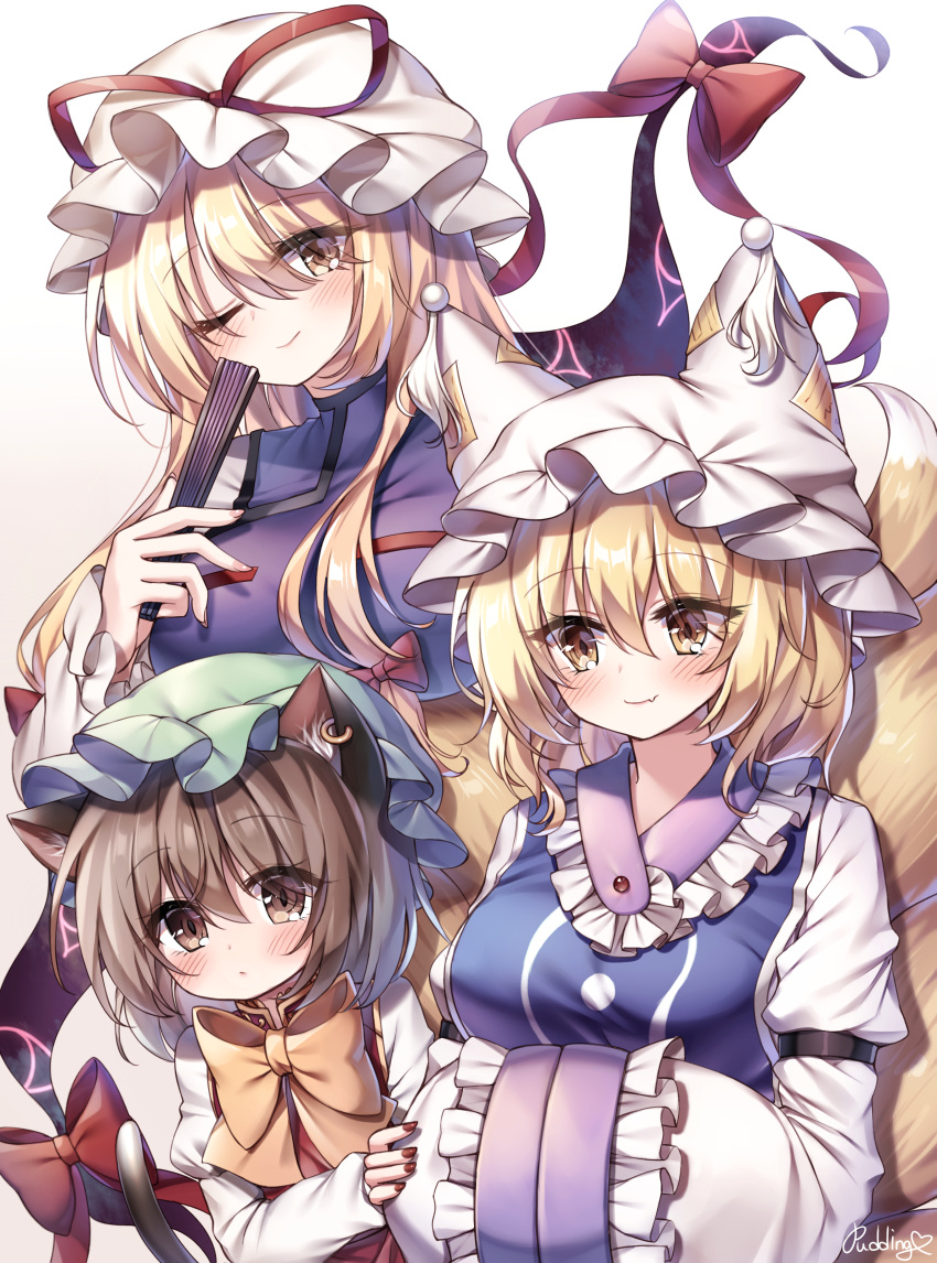3girls ;) absurdres animal_ears blonde_hair blush bow breasts brown_eyes brown_hair cat_ears chen collar commentary_request dress eyebrows_visible_through_hair eyes fan fang folding_fan fox_ears frilled_collar frilled_sleeves frills gap_(touhou) green_headwear hair_between_eyes hat hat_ribbon highres jewelry looking_at_viewer medium_breasts medium_hair mob_cap multiple_girls multiple_tails nail_polish one_eye_closed pillow_hat pudding_(skymint_028) red_bow red_nails red_ribbon red_vest ribbon shirt simple_background single_earring smile tabard tail touhou vest white_background white_dress white_headwear white_shirt yakumo_ran yakumo_yukari yellow_bow yellow_eyes yellow_neckwear