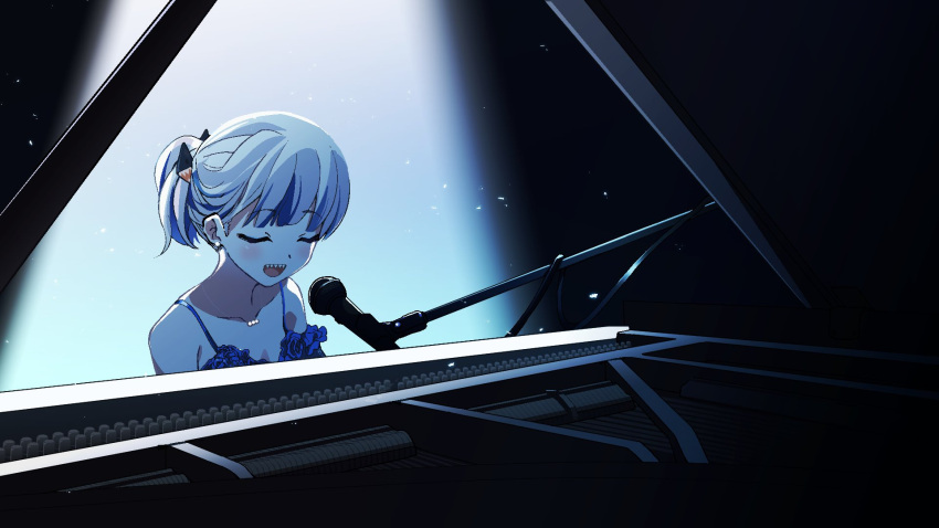 1girl alternate_costume bangs blue_dress blue_hair closed_eyes collarbone dress earrings eyebrows_visible_through_hair gawr_gura hair_ornament highres hololive hololive_english instrument jewelry light_particles long_hair microphone microphone_stand multicolored_hair music necklace open_mouth piano playing_instrument playing_piano ronin_(zeth_total) shark_hair_ornament sharp_teeth silver_hair singing smile solo spaghetti_strap spotlight streaked_hair teeth virtual_youtuber