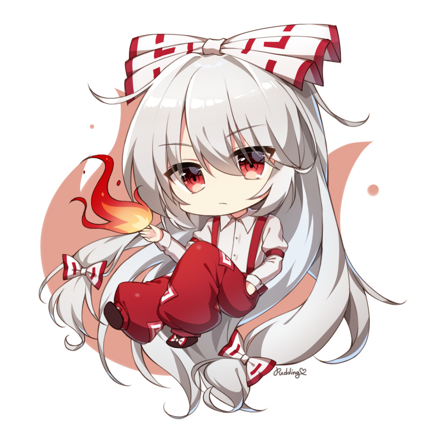 1girl artist_name bangs black_footwear bow chibi closed_mouth collared_shirt eyebrows_visible_through_hair fire flame fujiwara_no_mokou full_body hair_bow hand_in_pocket highres long_hair long_sleeves multiple_hair_bows ofuda ofuda_on_clothes pants pudding_(skymint_028) pyrokinesis red_eyes red_pants shirt shoe_bow shoes sidelocks signature silver_hair simple_background solo suspenders touhou v-shaped_eyebrows very_long_hair white_background white_bow white_shirt