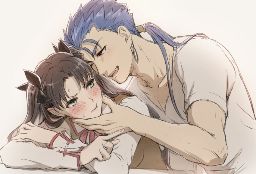 1boy 1girl bangs blue_hair blush brown_hair brown_vest closed_mouth collarbone commentary_request cu_chulainn_(fate)_(all) earrings fate/stay_night fate_(series) grey_background hair_over_shoulder hair_ribbon hand_on_another's_cheek hand_on_another's_face hetero jewelry lancer long_hair looking_at_another mondi_hl open_mouth red_eyes ribbon shirt short_sleeves simple_background smile tohsaka_rin twintails two_side_up upper_body upper_teeth vest white_shirt