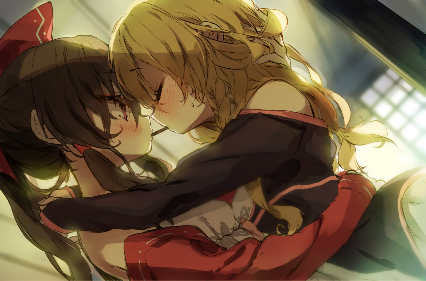 2girls backlighting bare_shoulders blonde_hair blurry blurry_background blush bow braid brown_hair closed_eyes commentary_request detached_sleeves food hair_bow hair_tubes hakurei_reimu hand_on_another's_head highres hug indoors kirisame_marisa long_hair multiple_girls off_shoulder piyokichi pocky pocky_day pocky_kiss red_bow red_eyes ribbon-trimmed_sleeves ribbon_trim single_braid touhou upper_body yuri