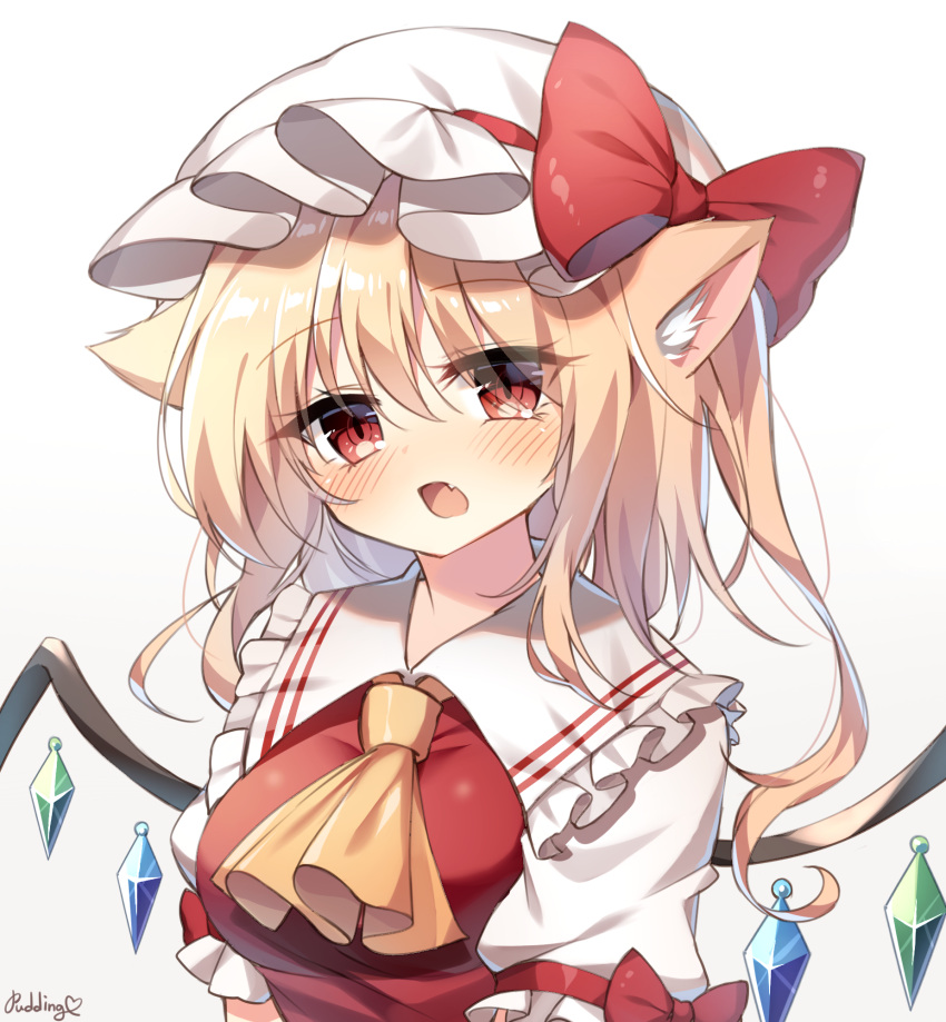 1girl animal_ears artist_name ascot blonde_hair blush border bow breasts cat_ears commentary_request crystal eyebrows_visible_through_hair eyes_visible_through_hair fang flandre_scarlet frilled_shirt_collar frills hair_between_eyes hair_bow hat highres kemonomimi_mode looking_at_viewer medium_breasts medium_hair mob_cap one_side_up open_mouth paw_pose pudding_(skymint_028) puffy_short_sleeves puffy_sleeves red_bow red_eyes red_vest short_sleeves signature simple_background solo touhou upper_body vest white_background wings yellow_neckwear