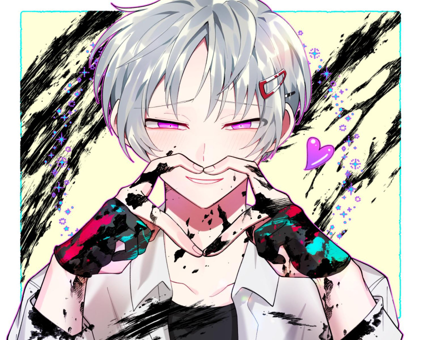 1boy bangs black_shirt blush border collarbone collared_shirt commentary_request gloves grey_hair hair_ornament hairclip half-closed_eyes half_gloves hands_up heart heart_hands highres lingpa_(linpa) long_sleeves looking_at_viewer male_focus open_clothes open_shirt original paint paint_on_clothes paint_on_face paint_on_fingers pink_eyes portrait raku_(lingpa) shirt short_hair smile solo teeth white_border white_shirt yellow_background