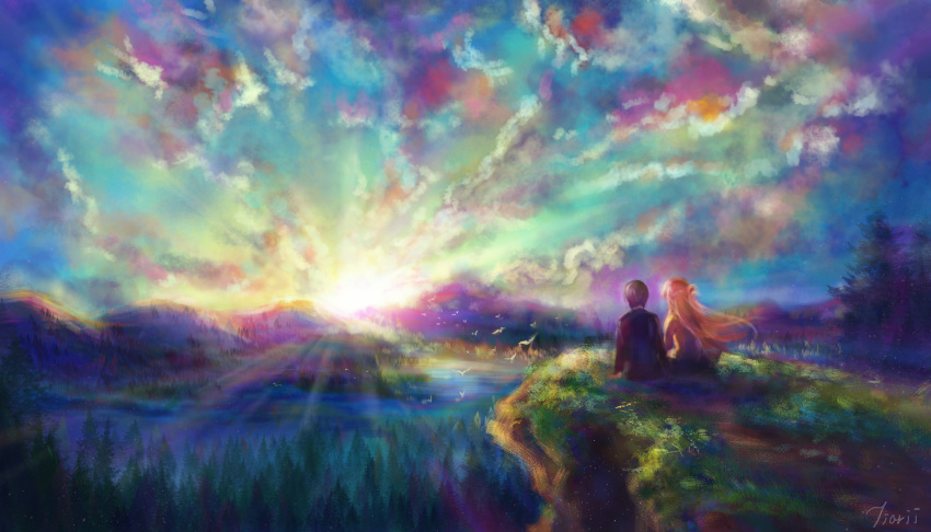 1boy 1girl absurdres asuna_(sao) bird black_hair black_shirt braid brown_hair clouds cloudy_sky couple day floating_hair forest french_braid from_behind highres huge_filesize kirito long_hair nature outdoors pink_shirt scenery shirt short_hair signature sitting sky sunlight sunrise sword_art_online tiarii_art very_long_hair