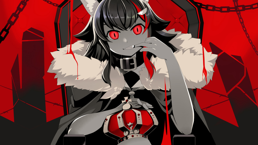 1girl animal_ear_fluff animal_ears bangs barbed_wire bared_teeth black_cloak black_hair chain cloak collar commentary crown elbow_rest english_commentary fang fur_collar hand_up hololive king_(vocaloid) limited_palette long_hair looking_at_viewer ookami_mio red_eyes redhead slit_pupils solo teeth throne virtual_youtuber wolf_ears yasume_yukito