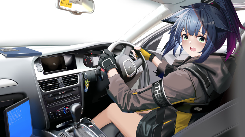 1girl absurdres animal_ears arknights bangs blue_hair car_interior cat_ears chinese_commentary commentary_request fingerless_gloves gloves green_eyes grey_jacket hamachi_hazuki highres hood hooded_jacket jacket jessica_(arknights) long_sleeves looking_at_viewer open_mouth ponytail short_hair short_ponytail sitting solo splatoon_(series) thighs
