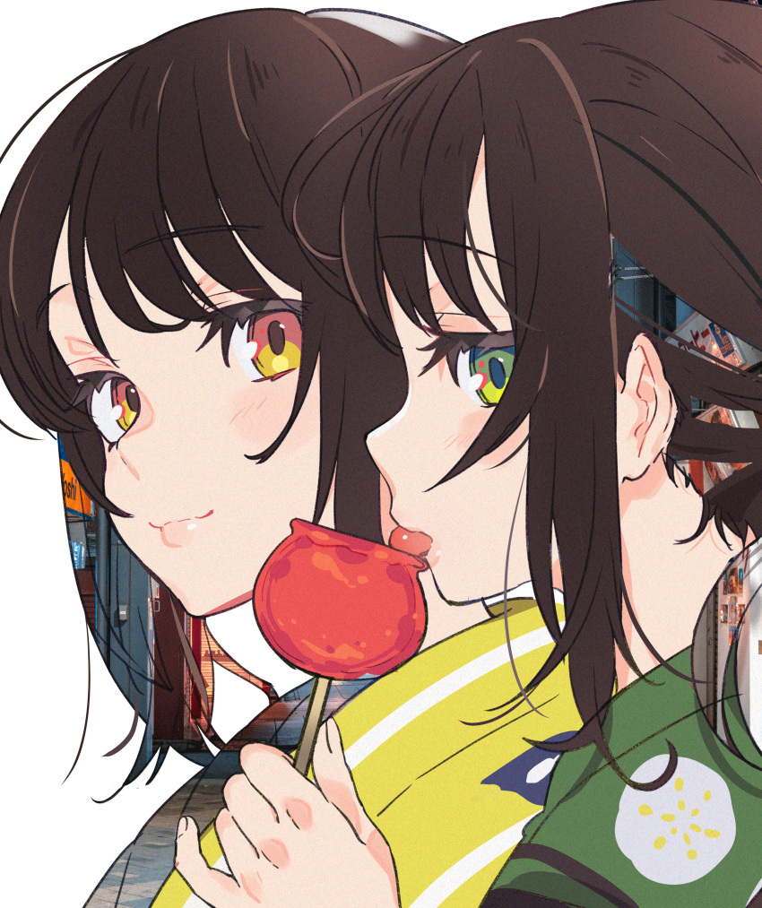 2girls absurdres brown_eyes brown_hair candy_apple closed_mouth food from_side green_eyes green_kimono highres holding japanese_clothes kimono looking_at_viewer mika_pikazo multiple_girls original pinky_out portrait profile siblings simple_background smile tongue tongue_out twins unmoving_pattern white_background yellow_eyes yellow_kimono