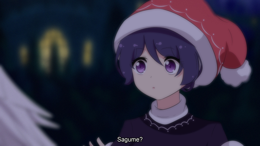 2girls :o blue_hair blue_shirt blurry blurry_background blurry_foreground commentary_request dark_background depth_of_field doremy_sweet english_text eyebrows_visible_through_hair hat highres kishin_sagume multiple_girls nightcap open_mouth pom_pom_(clothes) red_headwear shirt solo_focus touhou turtleneck upper_body violet_eyes window wings yukome