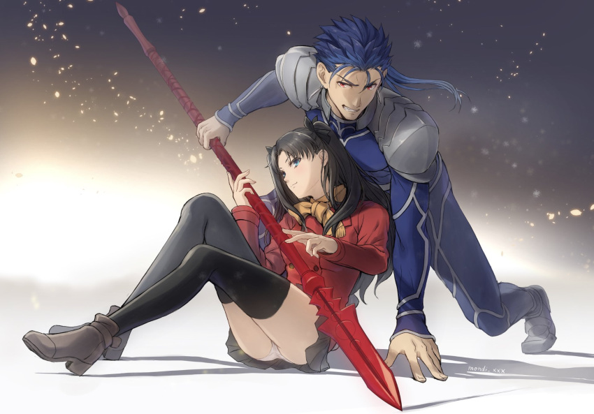 1girl artist_name ass bangs black_hair black_legwear black_skirt blue_eyes blue_hair bodysuit brown_footwear brown_scarf commentary_request cu_chulainn_(fate)_(all) fate/stay_night fate_(series) grin high_heels highres holding holding_spear holding_weapon lancer long_hair long_sleeves looking_at_viewer mondi_hl panties pleated_skirt polearm red_eyes red_shirt scarf shirt shoes shoulder_plates sitting skirt smile spear thigh-highs underwear weapon white_panties