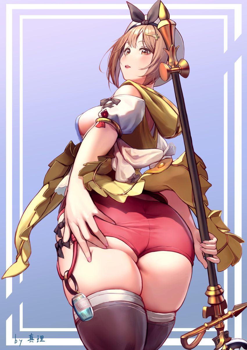 1girl absurdres ass atelier_(series) atelier_ryza beret breasts brown_eyes brown_hair brown_legwear from_behind hair_ornament hairclip hat highres holding holding_staff looking_at_viewer looking_back medium_breasts open_mouth red_shorts reisalin_stout risa_(pixiv23908854) short_hair short_shorts shorts sideboob solo staff thigh-highs thighs white_headwear white_legwear