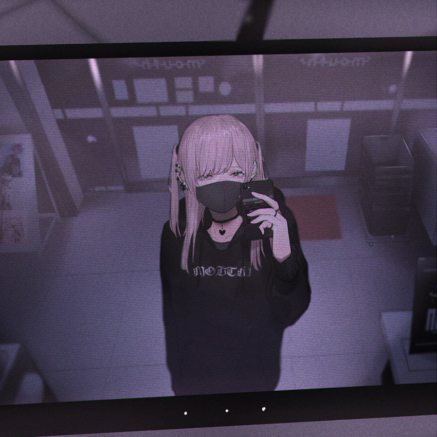 1girl black_eyes black_hoodie choker english_commentary grey_hair highres holding holding_phone hood hoodie looking_up mano_aaa mask mouth_mask original phone screen solo