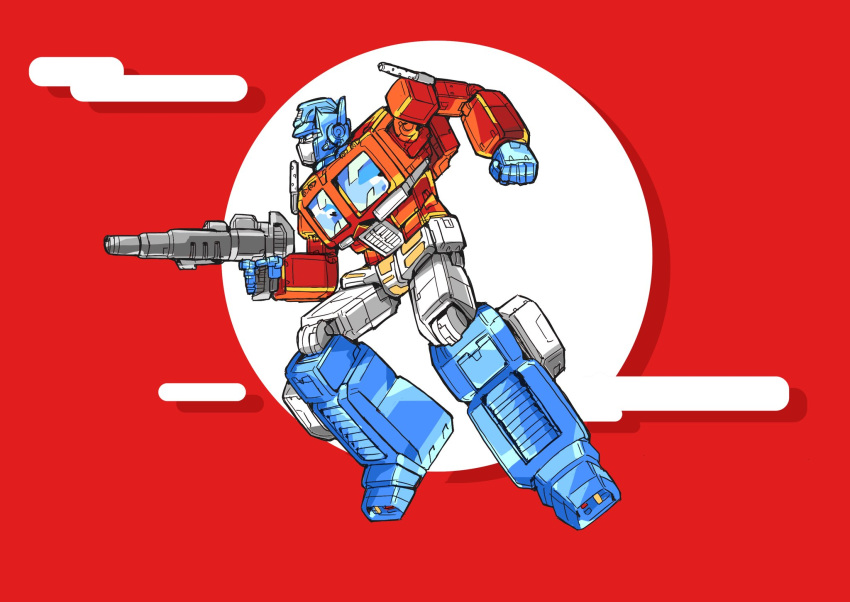 1boy autobot blue_eyes clenched_hand from_side gun highres holding holding_gun holding_weapon jumping konachang mecha no_humans optimus_prime science_fiction solo transformers weapon
