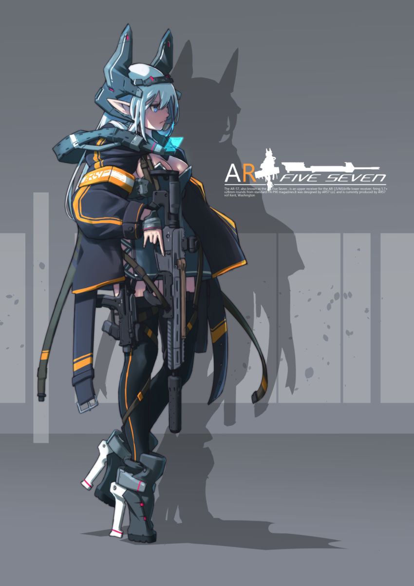 ar-57 blue_eyes blue_hair english_text from_side gun high_heels highres holding holding_gun holding_weapon long_hair long_pointy_ears looking_ahead nenchi original pointy_ears weapon