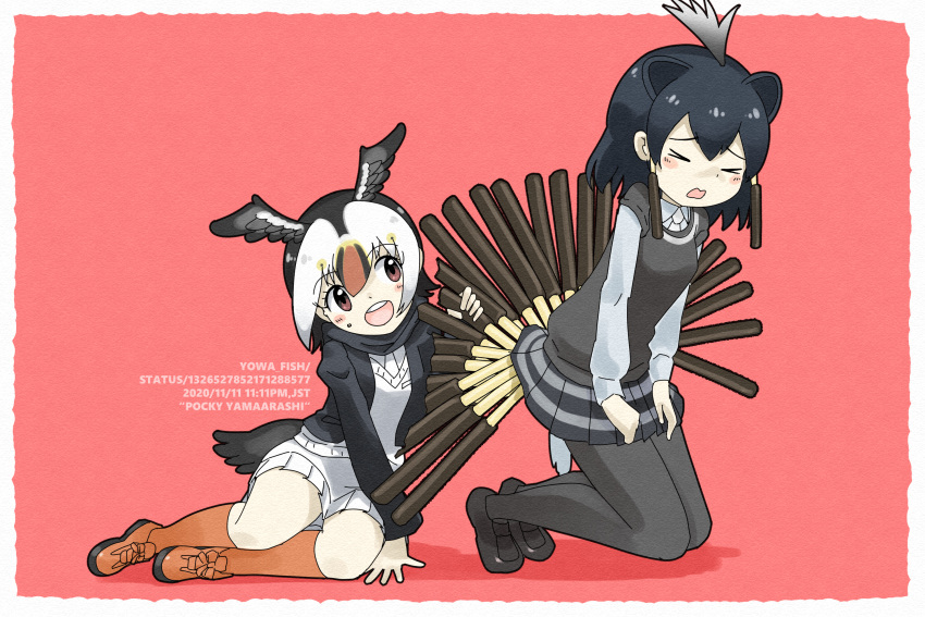 &gt;_&lt; 2girls animal_ears atlantic_puffin_(kemono_friends) bird_tail bird_wings black_hair blonde_hair border candy cardigan closed_eyes crested_porcupine_(kemono_friends) extra_ears food food_on_face full_body grabbing grey_hair head_wings highres iwa_(iwafish) kemono_friends kneeling leaning_to_the_side long_sleeves looking_at_another medium_hair microskirt multicolored_hair multiple_girls necktie open_cardigan open_clothes open_mouth oversized_food pantyhose pocky porcupine_ears porcupine_tail red_eyes redhead scarf shoes sitting skirt smile socks sweater sweater_vest tail white_hair wings