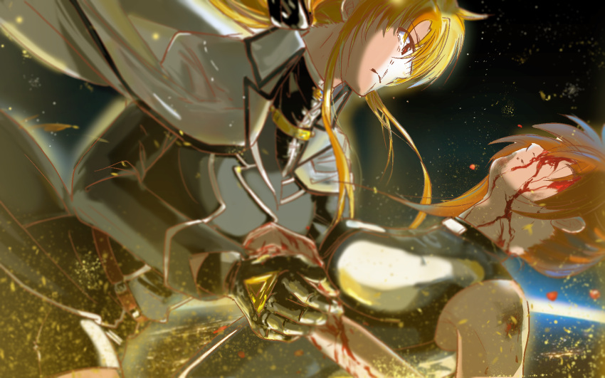 2girls absurdres blonde_hair blood carrying closed_eyes couple crying fate_testarossa flying highres injury long_hair looking_at_another lyrical_nanoha mahou_shoujo_lyrical_nanoha mahou_shoujo_lyrical_nanoha_detonation multiple_girls open_mouth orange_hair ossan_jololol princess_carry red_eyes space spoilers takamachi_nanoha tears
