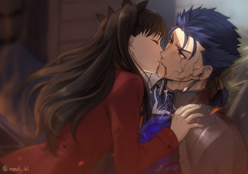 1boy 1girl armor artist_name bangs black_hair black_ribbon blue_hair brown_hair closed_eyes closed_mouth commentary_request cu_chulainn_(fate)_(all) earrings fate/stay_night fate_(series) from_side hair_ribbon hetero highres imminent_kiss jacket jewelry lancer long_hair long_sleeves looking_at_another mondi_hl ponytail red_eyes red_jacket ribbon short_hair shoulder_armor thigh-highs tohsaka_rin two_side_up upper_body