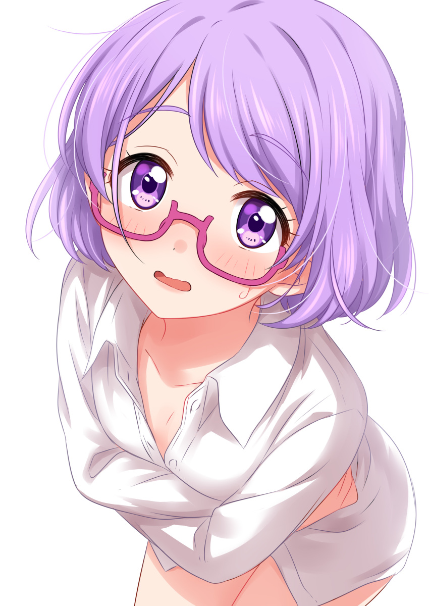 1girl absurdres aikatsu!_(series) aikatsu_stars! blush collared_shirt embarrassed glasses highres long_sleeves looking_at_viewer naked_shirt nanakura_koharu pink-framed_eyewear purple_hair sekina self_hug semi-rimless_eyewear shirt simple_background solo sweat under-rim_eyewear violet_eyes white_background white_shirt wing_collar