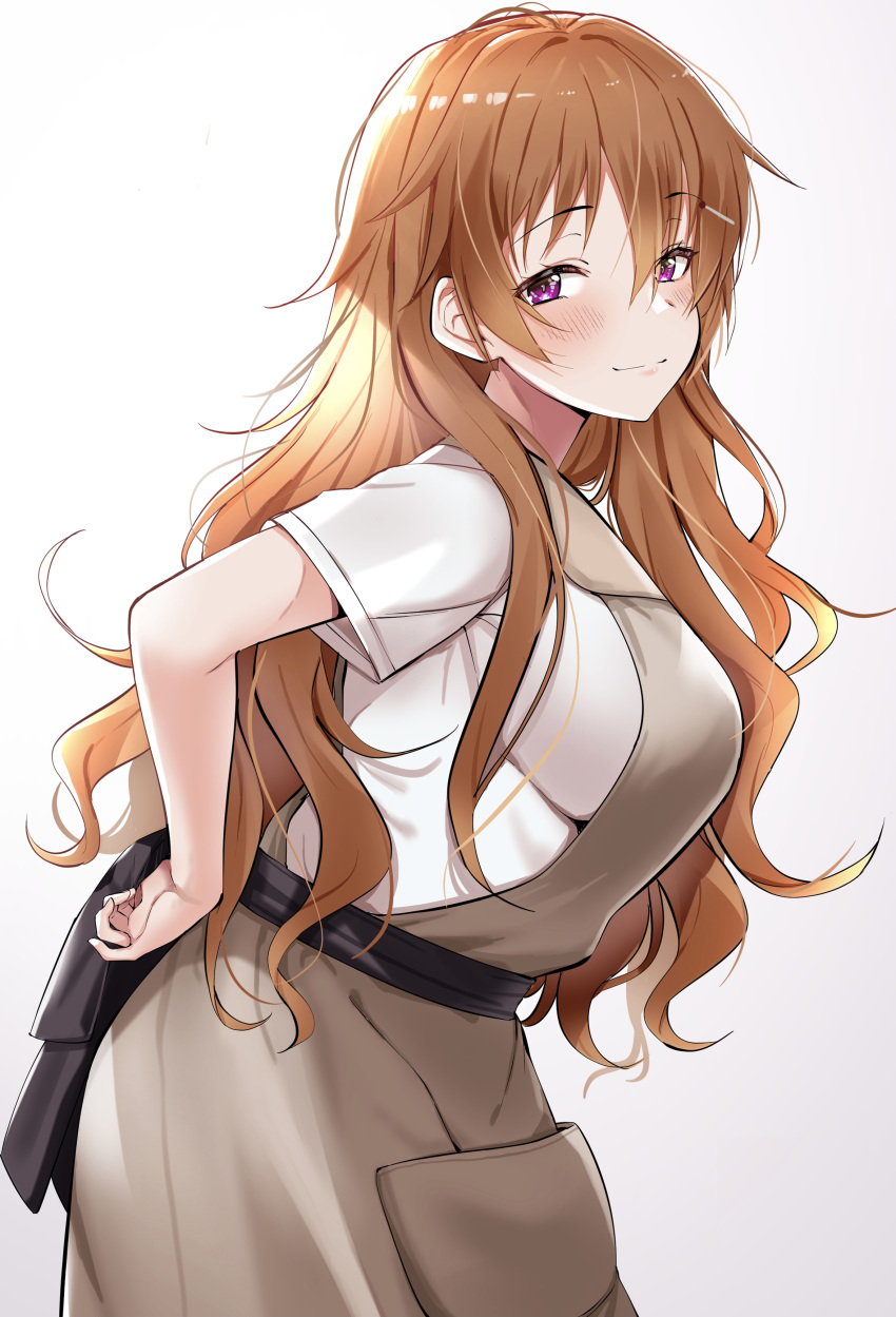 1girl absurdres breasts closed_mouth commentary_request gradient gradient_background grey_background hand_on_hip highres kitaku_jikan_(ktk_jkn) konoe_kanata large_breasts long_hair looking_at_viewer love_live! love_live!_nijigasaki_high_school_idol_club orange_hair shirt short_sleeves simple_background solo violet_eyes white_background white_shirt