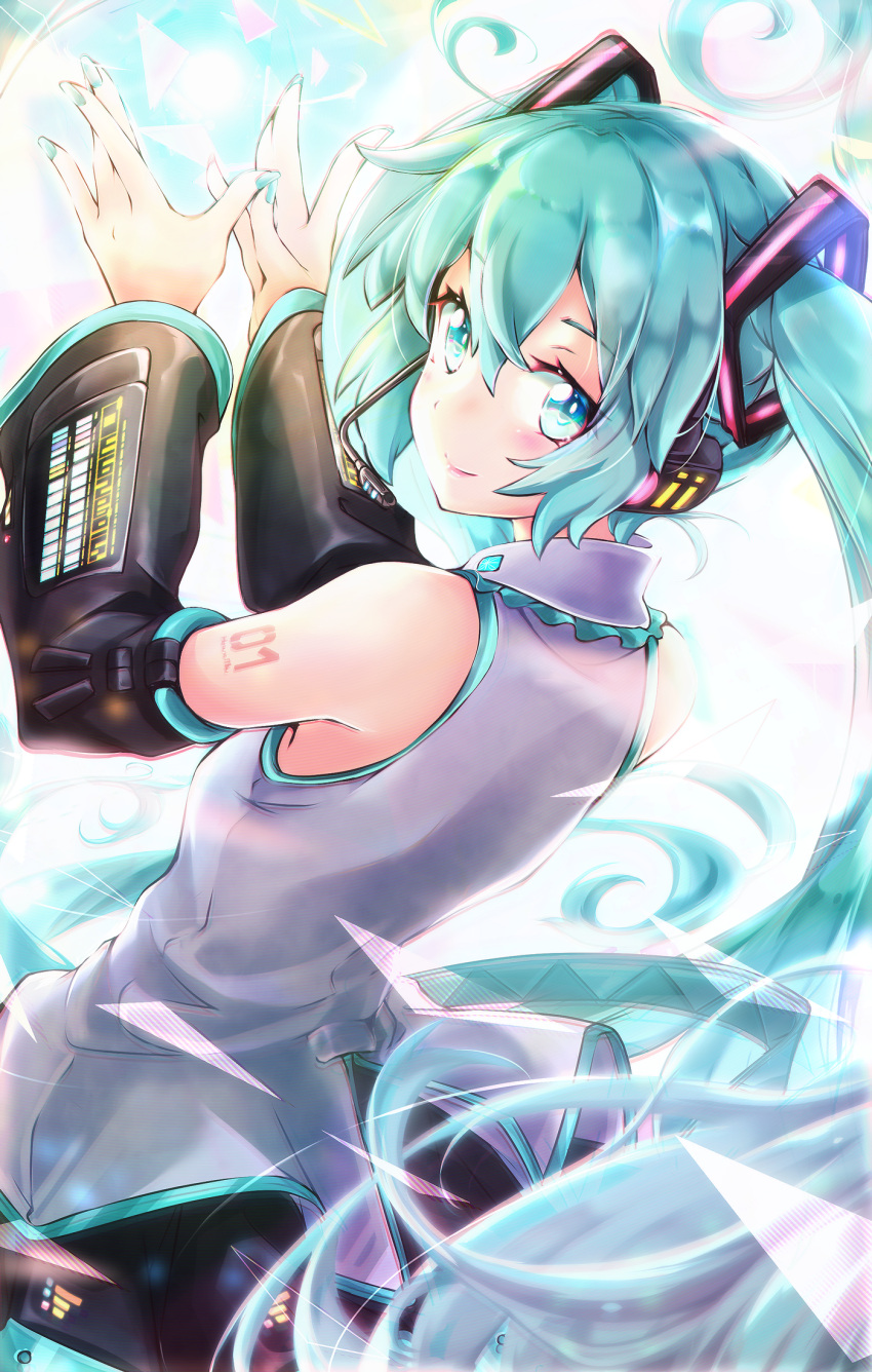 1girl akino_coto aqua_eyes aqua_hair arm_tattoo bangs black_sleeves blush detached_sleeves from_behind hatsune_miku headset highres long_hair looking_at_viewer looking_back pleated_skirt skirt smile solo tattoo twintails very_long_hair vocaloid