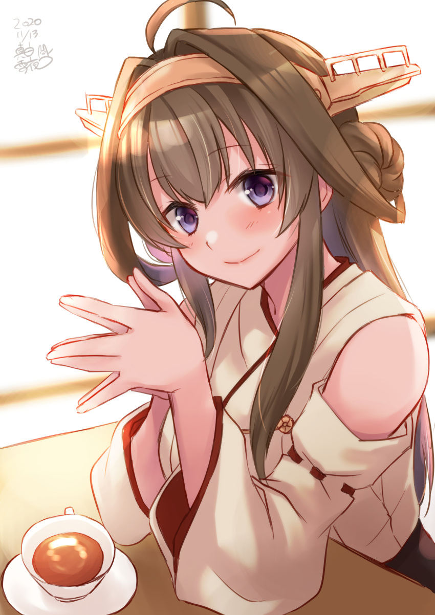 1girl ahoge bare_shoulders brown_hair cup dated detached_sleeves double_bun eyebrows_visible_through_hair hakama_skirt hands_together head_tilt headgear highres kantai_collection kongou_(kantai_collection) long_hair looking_at_viewer mashiro_yukiya nontraditional_miko remodel_(kantai_collection) signature sitting smile solo teacup upper_body violet_eyes