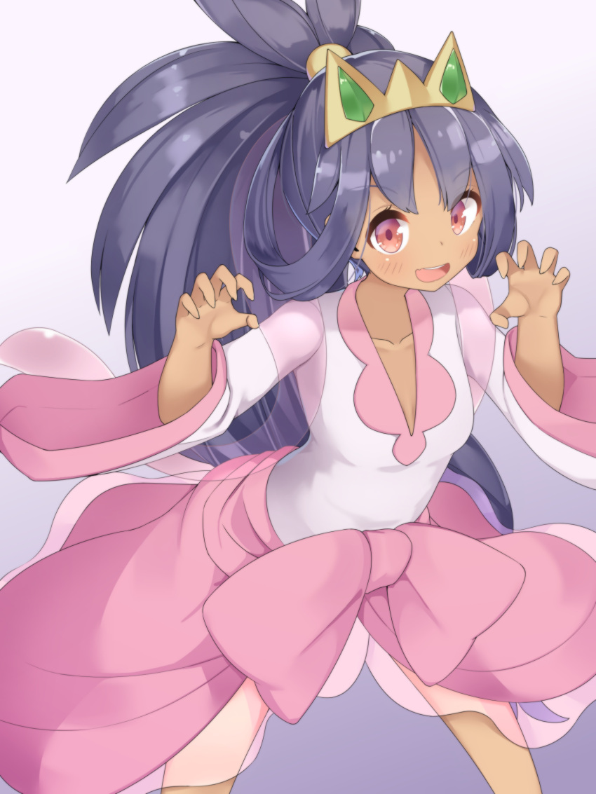 1girl bangs blush collarbone dark_skin dark-skinned_female dress eyebrows_visible_through_hair gradient gradient_background highres iris_(pokemon) long_hair looking_at_viewer open_mouth pokemon pokemon_(game) pokemon_bw2 purple_hair red_eyes smile twin-7646 very_long_hair wide_sleeves