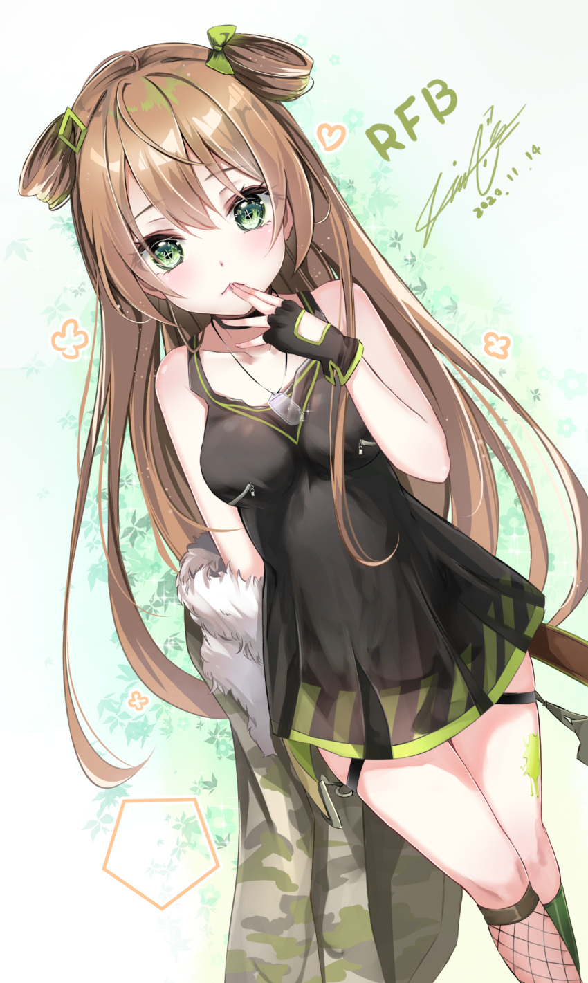 1girl bangs bare_shoulders black_dress black_gloves bow breasts brown_hair camouflage_jacket character_name closed_mouth commentary dated dress dutch_angle eyebrows_visible_through_hair fingerless_gloves fishnet_legwear fishnets fur-trimmed_jacket fur_trim girls_frontline gloves green_bow green_eyes green_legwear hair_between_eyes hair_bow hair_rings hand_up heart highres jacket long_hair medium_breasts mismatched_legwear pleated_dress rfb_(girls_frontline) signature sleeveless sleeveless_dress solo striped striped_legwear teratsuki vertical-striped_legwear vertical_stripes very_long_hair