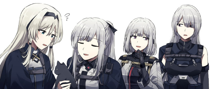 4girls absurdres ak-12_(girls_frontline) ak-15_(girls_frontline) an-94_(girls_frontline) animal bangs black_gloves blonde_hair blue_eyes blush braid breasts cat closed_eyes commentary_request defy_(girls_frontline) expressionless eyebrows_visible_through_hair girls_frontline gloves hair_over_one_eye hairband highres holding holding_animal holding_cat jacket lix long_hair long_sleeves looking_at_another multiple_girls open_mouth ribbon rpk-16_(girls_frontline) short_hair sidelocks silver_hair simple_background smile upper_body violet_eyes white_background