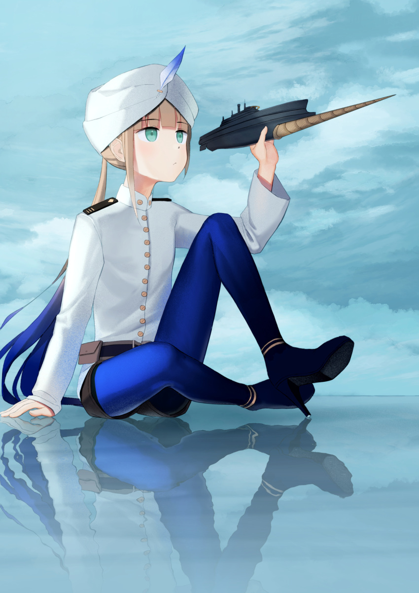 1boy captain_nemo_(fate/grand_order) fate_(series) gradient_hair high_heels highres kep_(ahokep) long_hair military military_uniform model multicolored_hair naval_uniform pantyhose shorts sitting submarine turban twintails uniform watercraft